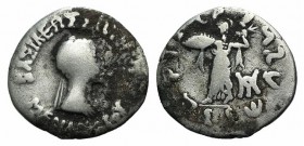 Baktria, Indo-Greek Kingdom. Menander I (c. 165/55-130 BC). AR Drachm (16mm, 2.08g, 12h). Diademed and draped bust of Menander I r. R/ Athena Promacho...