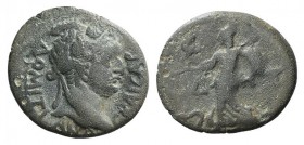Domitian (81-96). Pamphylia, Side. Æ (17mm, 2.93g, 6h). Laureate head r. R/ Athena advancing l., holding spear and shield; pomegranate and serpent l. ...
