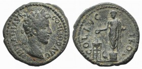 Commodus (177-192). Troas, Alexandria. Æ (24mm, 7.47g, 6h). Laureate head r. R/ Cult statue of Apollo Smintheus standing on short column, facing, hold...