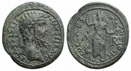 Septimius Severus (193-211). Pisidia, Antioch. Æ (36mm, 25.80g, 6h). Laureate head r. R/ Mên standing r., with foot on bucranium and leaning upon colu...