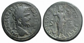 Septimius Severus (193-211). Pisidia, Antioch. Æ (33mm, 28.33g, 6h). Laureate head r. R/ Mên standing r., with foot on bucranium and leaning upon colu...