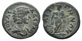 Julia Domna (Augusta, 193-217). Lydia, Saitta. Æ (19mm, 4.46g, 12h). Draped bust r. R/ Asklepios standing r., head l., leaning on serpent-entwined sta...