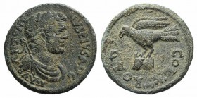 Caracalla (198-217). Troas, Alexandria. Æ (25mm, 8.41g, 6h). Laureate, draped and cuirassed bust r. R/ Eagle standing l., holding forepart of bull in ...