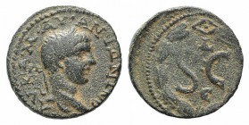 Elagabalus (218-222). Seleucis and Pieria, Antioch. Æ (19mm, 4.69g, 12h). Laureate head r. R/ S • C, Δ above, Є below; all within laurel wreath. McAle...