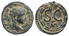 Elagabalus (218-222). Seleucis and Pieria, Antioch. Æ (19mm, 4.59g, 12h). Radiate head r. R/ S • C, Δ Є above, eagle below; all within laurel wreath. ...