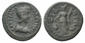 Tranquillina (241-244). Pamphylia, Side. Æ (19mm, 3.56g, 12h). Draped bust r. R/ Athena standing l., holding palm branch and patera(?); kantharos to l...