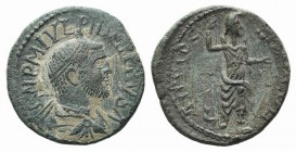 Philip I (244-249). Pisidia, Antioch. Æ (25mm, 9.22g, 1h). Bust radiate, draped and cuirassed r. R/ Mên standing r., wearing Phrygian cap and crescent...