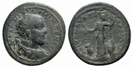 Philip I (244-249). Lycaonia, Barata. Æ (29mm, 17.59g, 6h). Radiate, draped and cuirassed bust r. R/ Athena standing l., holding patera and spear; owl...