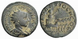 Philip II (247-249). Pisidia, Antioch. Æ (26mm, 11.48g, 1h). Radiate, draped and cuirassed bust r. R/ Philip driving quadriga r., holding reins and ea...