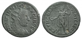 Gallienus (253-260). Lydia, Nysa. Æ (29mm, 8.57g, 6h). Menandros, magistrate. Radiate and draped bust r. R/ Mên standing facing, looking l., wearing P...