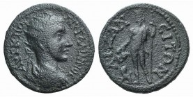 Gallienus (253-268). Phrygia, Aezanis. Æ (28mm, 16.09g, 6h). Radiate, draped and cuirassed bust r. R/ Dionysos standing l., holding kantharos over pan...