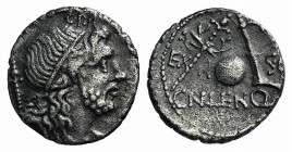 Cn. Lentulus. Spanish mint, 76-75 BC. AR Denarius (18mm, 3.64g, 4h). Diademed and draped bust of Genius of the Roman People r., with sceptre over shou...