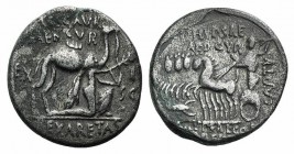 M. Aemilius Scaurus and Pub. Plautius Hypsaeus, Rome, 58 BC. AR Denarius (17mm, 3.70g, 6h). Nabatean king Aretas kneeling r., holding reins and olive ...