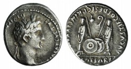 Augustus (27 BC-AD 14). AR Denarius (17mm, 3.84g, 2h). Lugdunum, 2 BC-AD 4. Laureate head r. R/ Caius and Lucius Caesars standing facing, holding shie...