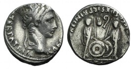 Augustus (27 BC-AD 14). AR Denarius (15mm, 3.63g, 3h). Lugdunum, 2 BC-AD 4. Laureate head r. R/ Caius and Lucius Caesars standing facing, holding shie...