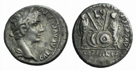 Augustus (27 BC-AD 14). AR Denarius (17mm, 3.79g, 3h). Lugdunum, 2 BC-AD 12. Laureate head r. R/ Caius and Lucius Caesars standing facing, holding shi...