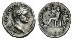 Vespasian (69-79). AR Denarius (17mm, 3.36g, 6h). Rome, AD 70. Laureate head r. R/ Pax seated l., holding olive branch and caduceus. RIC II 29; RSC 94...