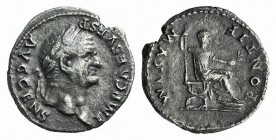 Vespasian (69-79). AR Denarius (18mm, 2.85g, 2h). Rome, AD 73. Laureate head r. R/ Vespasian seated r. on curule chair, with feet on footstool, holdin...
