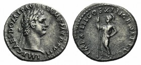 Domitian (81-96). AR Denarius (19mm, 3.32g, 6h). Rome, AD 87. Laureate head r. R/ Minerva standing l., holding thunderbolt and spear, shield at feet. ...