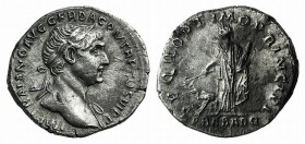 Trajan (98-117). AR Denarius (19mm, 3.17g, 7h). Rome, 112/3. Laureate bust of r., slight drapery on far shoulder. R/ Arabia standing facing, head l., ...