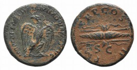 Hadrian (117-138). Æ Quadrans (17mm, 3.12g, 12h). Rome, 121-2. Eagle standing facing, head l. R/ Winged thunderbolt. RIC II 624. Brown patina, VF