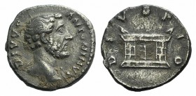 Divus Antoninus Pius (died AD 161). AR Denarius (15mm, 3.21g, 6h). Rome, 161-2. Bare head r. R/ Large altar. RIC 441 (Aurelius); RSC 357. VF