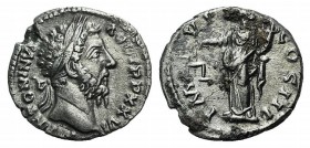 Marcus Aurelius (161-180). AR Denarius (17mm, 3.02g, 6h). Rome, AD 172. Laureate head r. R/ Aequitas standing l., holding scales and cornucopia. RIC I...