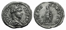 Elagabalus (218-222). AR Denarius (17mm, 3.90g, 6h). Antioch, 218-9. Laureate, draped and cuirassed bust r. R/ Elagabalus standing l., sacrificing ove...