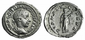 Gordian III (238-244). AR Denarius (21mm, 2.50g, 7h). Rome, AD 240. Laureate, draped and cuirassed bust r. R/ Diana Lucifera standing r., holding long...