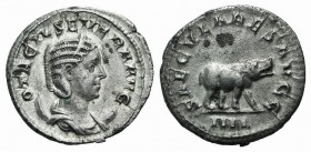 Otacilia (Augusta, 244-249). AR Antoninianus (22mm, 4.13g, 1h). Rome, 248-9. Diademed and draped bust r., set on crestent. R/ Hippopotamus walking r.;...