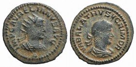 Aurelian and Vabalathus (270-275). Radiate (20mm, 3.16g, 1h). Antioch, 270-2. Radiate and cuirassed bust of Aurelian r.; Δ below. R/ Laureate, draped ...