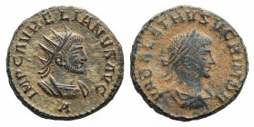 Aurelian and Vabalathus (270-275). Radiate (19mm, 4.07g, 6h). Antioch, 270-2. Radiate and cuirassed bust of Aurelian r.; A below. R/ Laureate, draped ...