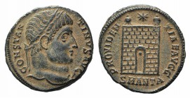 Constantine I (307/310-337). Æ Follis (18mm, 3.18g, 11h). Antioch, 326-7. Laureate head r. R/ Camp-gate with no doors and two turrets, star above; SMA...