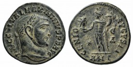 Maximinus II (310-313). Æ Follis (20mm, 4.64g, 11h). Antioch, 310-1. Laureate head r. R/ Genius standing l. with Victory on globe and cornucopia; star...