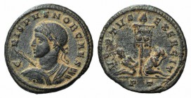 Crispus (Caesar, 316-326). Æ Follis (18mm, 2.91g, 1h). Ticinum, 319-320. Laureate and cuirassed bust l., with spear and shield. R/ Standard inscribed ...
