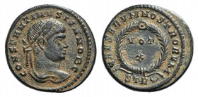 Constantine II (Caesar, 316-337). Æ Follis (17mm, 3.66g, 6h). Treveri, 323-4. Laureate head r. R/ Wreath enclosing VOT/X in two lines; STR-crescent. R...