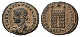 Constantine II (Caesar, 316-337). Æ Follis (19mm, 3.36g, 1h). Antioch, 330-4. Laureate, draped and cuirassed bust l. R/ Camp-gate with two turrets, st...