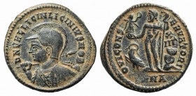 Licinius II (Caesar, 317-324). Æ Follis (20mm, 3.31g, 12h). Nicomedia, 321-4. Helmeted and cuirassed bust l., holding spear over should, shield on l. ...