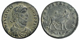 Julian II (360-363). Æ (27mm, 9.12 g, 6h). Nicomedia, 361-3. Pearl-diademed, draped and cuirassed bust r. R/ Bull standing r. two stars above; palm-NI...