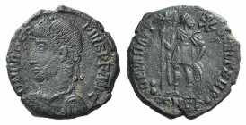 Procopius (365-366). Æ (18mm, 4.19g, 6h). Constantinople, 365-6. Diademed, draped and cuirassed bust l. R/ Procopius standing facing, head r., holding...