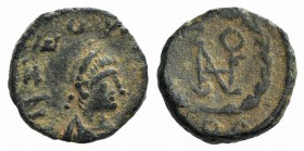 Zeno (Second reign, 476-491). Æ Nummus (9mm, 0.88g, 6h). Constantinople. Pearl-diademed, draped and cuirassed bust r. R/ Zeno monogram within wreath; ...