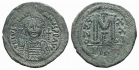 Justinian I (527-565). Æ 40 Nummi (37mm, 19.83g, 7h). Nicomedia, year 21 (547/8). Cuirassed and helmeted facing bust, holding globus cruciger; cross i...
