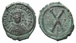 Tiberius II Constantine (578-582). Æ 10 Nummi (18.5mm, 4.08g). Constantinople, c. 579-582. Crowned, draped and cuirassed bust facing. R/ Large X; cros...