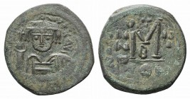 Maurice Tiberius (582-602). Æ 40 Nummi (31mm, 11.88g, 1h). Constantinople, year 3 (584/5). Helmeted and cuirassed bust facing, holding globus cruciger...