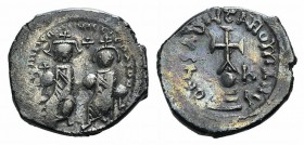 Heraclius with Heraclius Constantine (610-641). AR Hexagram (23mm, 6.54g, 7h). Constantinople, 615-638. Heraclius and Heraclius Constantine seated fac...