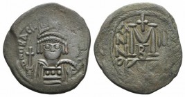 Heraclius (610-641). Æ 40 Nummi (30mm, 10.91g, 6h). Cyzicus, year 3 (612/3). Helmeted and cuirassed facing bust, holding globus cruciger and shield. R...