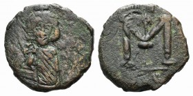 Justinian II (First reign, 685-695). Æ 40 Nummi (20mm, 5.33g, 6h). Syeacuse, 686-687/8. Facing half-length bust of Justinian, holding globus cruciger ...