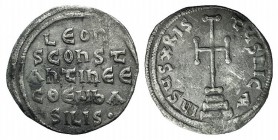 Leo III and Constantine V (717-741). AR Miliaresion (21mm, 1.65g, 5h). Constantinople, 720-741. Cross potent on steps. R/ Legend in five lines. DOC II...