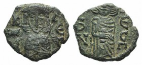 Constantine V and Leo IV (741-775). Æ 40 Nummi (16mm, 2.60g, 6h). Syracuse, 751-775. Constantine standing facing, holding akakia. R/ Leo standing faci...