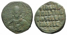 Anonymous, c. 969-976. Æ 40 Nummi (30mm, 12.99g, 6h), Constantinople. Facing bust of Christ, holding Gospels; two pellets in each limb of nimbus. R/ L...